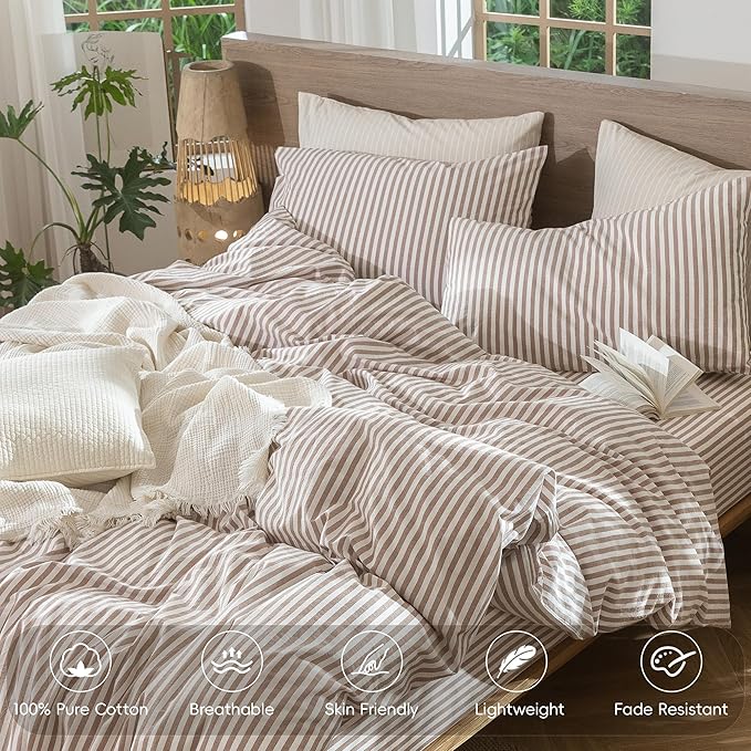 MooMee Striped Duvet Cover Set 100% Washed Cotton Linen Like Full | Relaxed Linen-like Texture. Soft, Breathable & Long-lasting Comfort. Lightweight. Hidden Zipper with 8 Interior Corner Ties