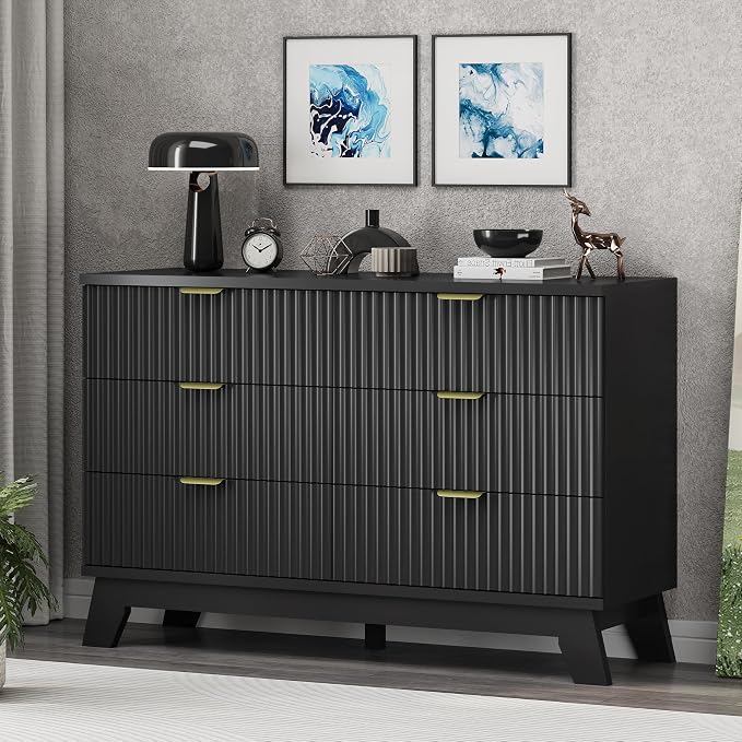 Xixini Fluted Dresser for Bedroom with 6 Drawers, 48" Wide Wooden Chest of Drawers with Metal Handle, Modern Dresser TV Stand, Wood Closet Clothes Storage Organizer for Living Room, Hallway, Black