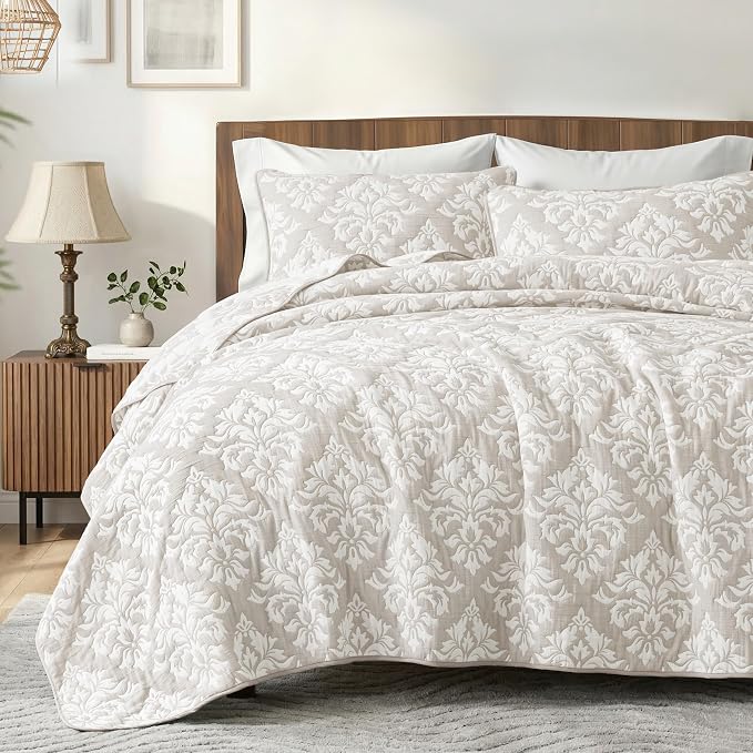 Exclusivo Mezcla Cotton Quilts Queen Size Beige | Soft Lightweight Bedspread, Breathable Prewashed Yarn Dyed Muslin, All Season Bedding Set, Boho Coverlet With 2 Pillow Shams