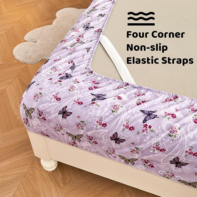 Softan Floral King Bed Sheets, Purple Paisley Flower Printed Sheet Set - Brushed Microfiber King Fitted Sheet with 15" Deep Pocket and Corner Straps, Butterfly Patterned Sheet & Pillowcase Sets