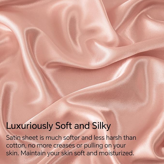 BEDELITE Satin Sheets Queen Size Bed Set, Coral Pink, 4 Pieces | Luxury Silky Bed Sheets, 15 Inch Deep Pocket, Similar to Silk, Soft and Cooling, Reduces Friction, Gentle on Hair and Skin