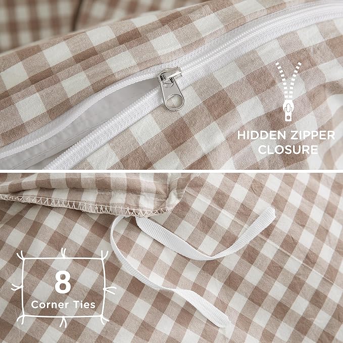 TOCOMOA Tan Gingham Duvet Cover Bedding Set Washed Cotton Like Linen, King | 100% Washed Cotton Linen-Like Feel Soft, Breathable & Comfy. Fall Vintage Farmhouse Decor, Zipper & 8 Ties. 3 Pcs, No Insert