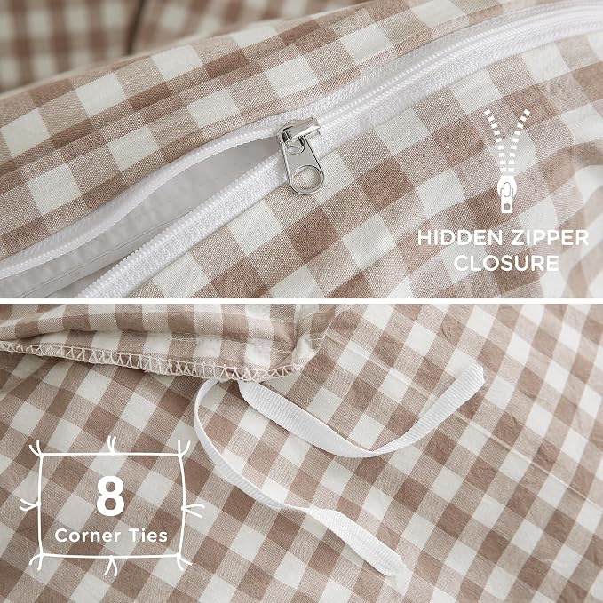 TOCOMOA Tan Gingham Duvet Cover Set Washed Cotton Like Linen Oversized King | 100% Washed Cotton Linen-Like Feel Soft, Breathable & Comfy. Fall Vintage Farmhouse Decor, Zipper & 8 Ties. 3 Pcs, No Insert