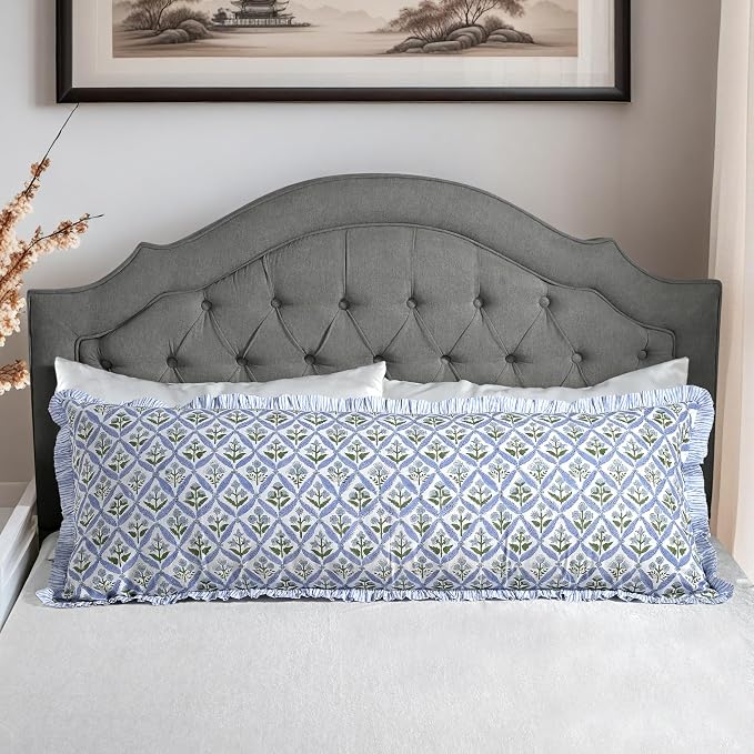 Ridhi Block Print Light Steel Blue Ruffle Lumbar Pillow Shams, 54" x 20" | 100% cotton, Floral Pillowcase, Cushion Cover, Hidden Zipper, Cottagecore Bedding, farmhouse boho style, fits couch, sofa,Bed