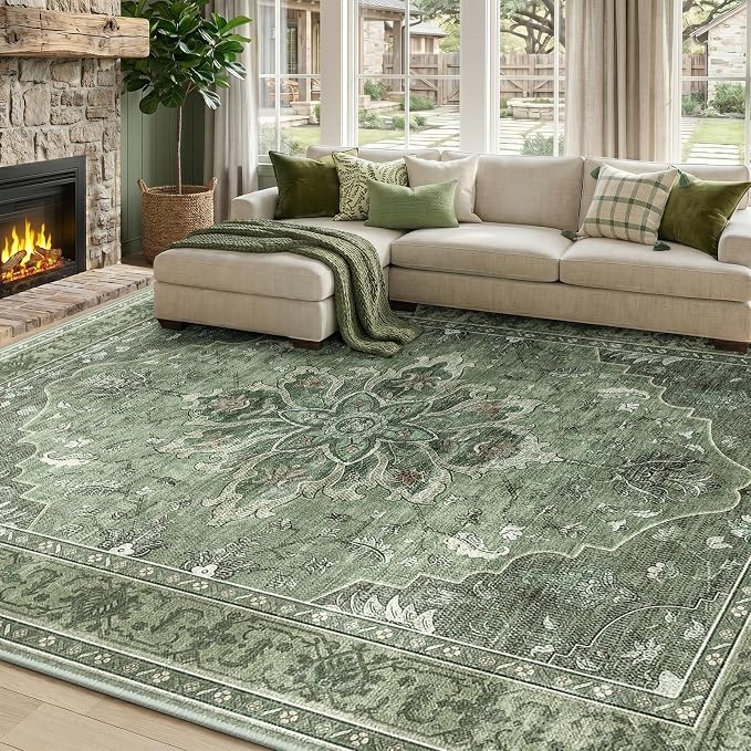 RELEANY Washable Area Rug, 7'x10', Green/Dark Green/Gray | Non-Slip, Water Repellent, Pet Friendly, Easy to Clean, Vintage Floral Boho Decor for Living Room Bedroom Dining Room Office