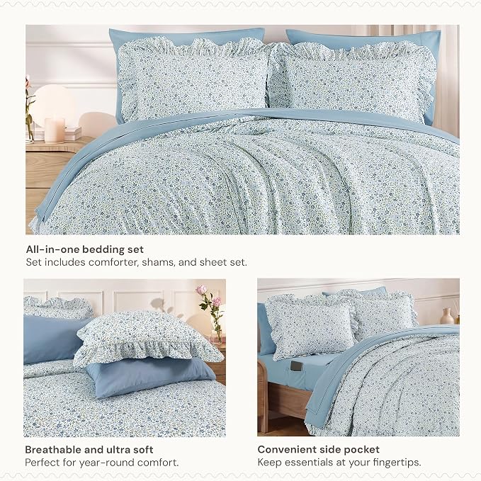 King Size Comforter Set-7 Pieces Floral Ruffle Bedding Set | Blue Ditzy Bed in a Bag, Soft Lightweight All Season Farmhouse King Size Bedding Sets with Sheets, Pillowcases & Shams