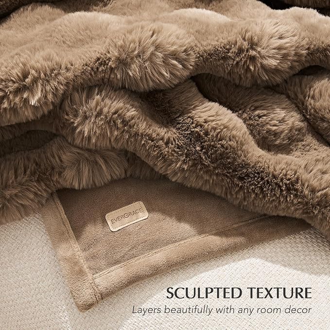EverGrace Faux Rabbit Fur Bubble Throw Blanket, 50"x60", Natural Tan | Ultra Soft, Luxury Faux Rabbit Fur Throw, Thick Warm Bubble Blanket, Cozy Fluffy Reversible, for Bed, Couch, Chair, Sofa