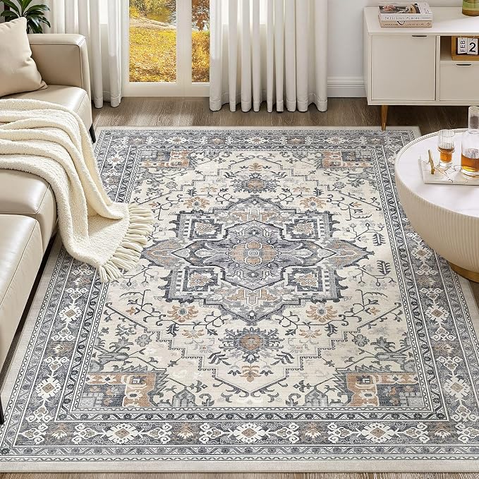 UERMEI 9x12 Area Rug Living Room Rugs - Washable Vintage Soft Large Rug Indoor Floor No Slip Rug Carpet for Bedroom Farmhouse Under Dining Table Home Office Decor - Grey-Orange