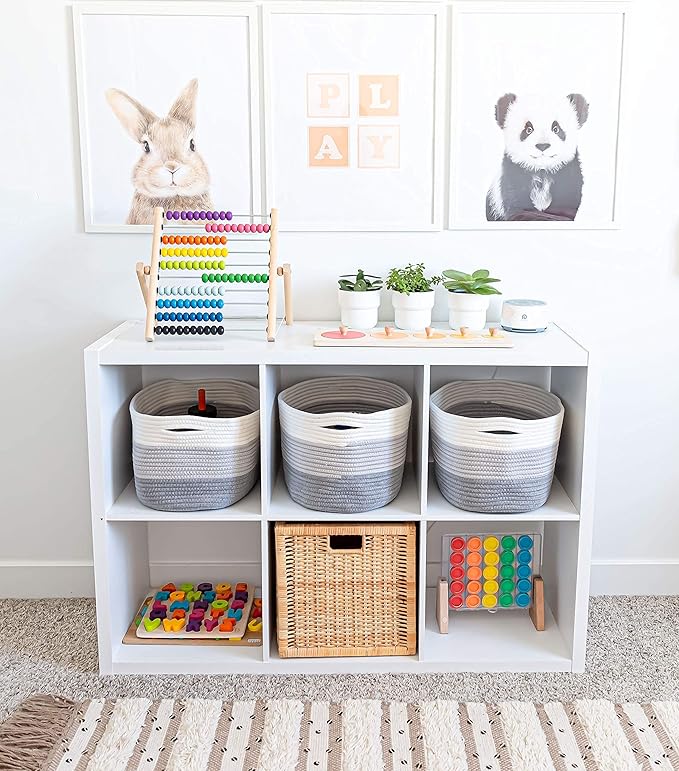 OrganiHaus Cotton Rope Baskets for Shelves, Set of 3, 15x9x10 | Handwoven; a toy bin and organizer for towels, books, or blankets; fits nursery, playroom, or bedroom decor