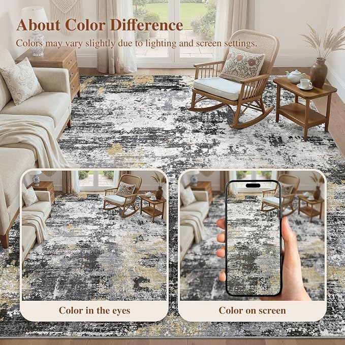 UERMEI 10x14 Area Rug for Living Room - Washable Neutral Modern Abstract Carpet, Non-Slip Soft Large Indoor Floor Rugs for Bedroom Home Office & Under Dining Table Decor, Black/White/Gold