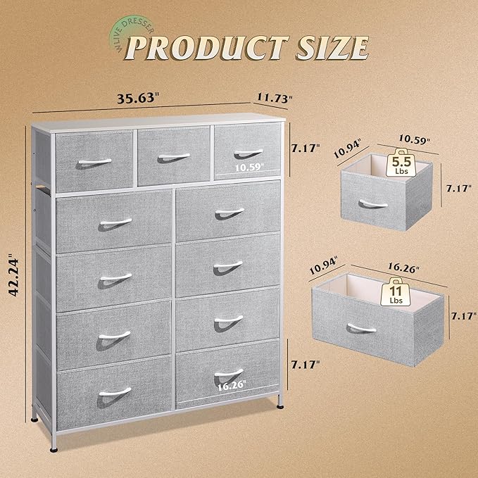 WLIVE Tall Dresser for Bedroom, 11 Drawer Chest of Drawers, Light Grey | 11 fabric storage drawers, Tall high-capacity design, Bedroom or dorm use, Sturdy steel frame, Smooth wood tabletop
