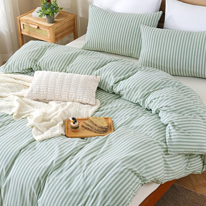 TOCOMOA Sage Green Striped Duvet Cover Set Washed Cotton Like Linen, Queen | 100% Washed Cotton Linen-Like Feel Soft, Breathable & Comfy. Lightweight Bedding Set with Zipper & 8 Ties. 3 Pcs, No Insert