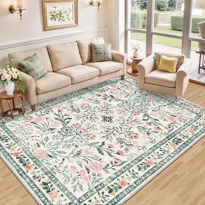 PLHXFR 8x10 Area Rug Living Room: Floral Washable Boho Carpet Green Beige | For Bedroom Dining Room Farmhouse Nursery Hallway,Vintage Floral,Machine washable,Non Slip,Stain Resistant,Large Indoor