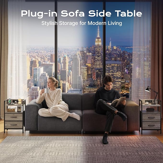 Huuger Nightstands Set of 2, Night Stand, Charging Station, USB-C Ports | 2 Drawers Bed Side Table, Open Shelf, 2-Way Power Panel Installation, End Table for Bedroom, Oak