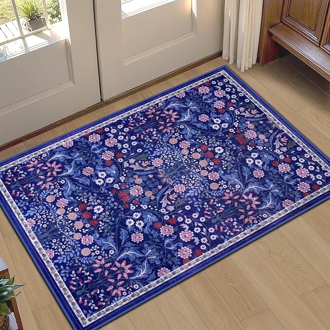 PLHXFR 2x3 Small Entryway Rug: Floral Washable Indoor Soft Carpet Blue | For Entrance, Bedroom, Kitchen, Laundry, Bathroom,Door Mat,Vintage Floral,Machine washable,Non-Slip,Stain Resistant,Indoor
