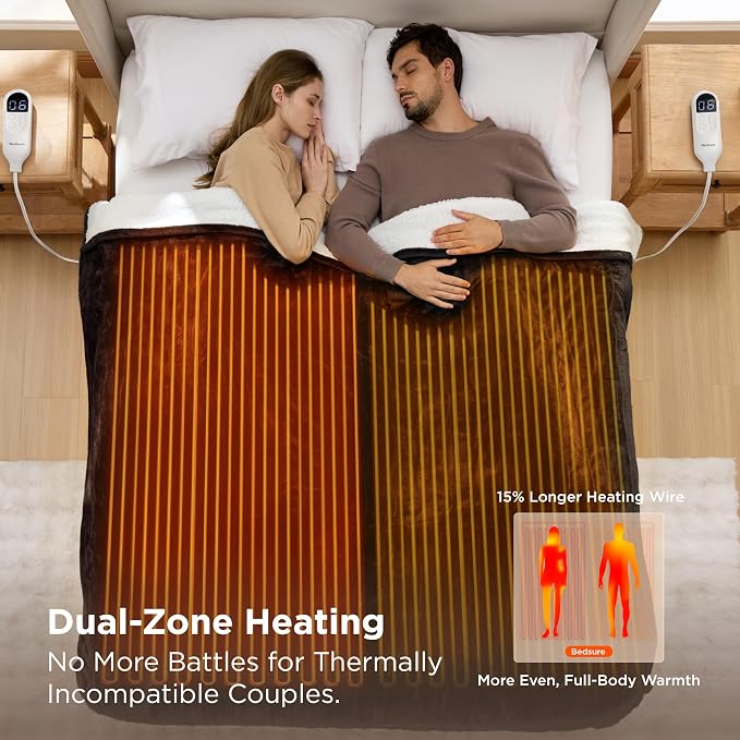 Bedsure Heated Blanket King Size, Dual Control Electric Blanket, Black | Preheat Function,6 Heat/6 Timer Settings, 8H Auto Shut-Off, ETL/FCC, Soft Flannel Sherpa, Machine Washable, 84x90in