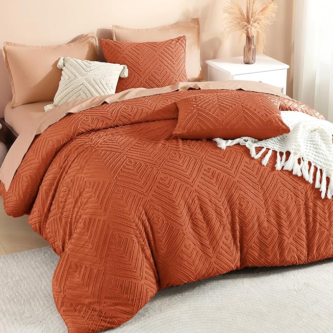 Litanika King Size Comforter Set, 3 Pieces Tufted Boho Bedding Set | Terracotta Farmhouse Shabby Chic Vintage Bohemian Textured Aesthetic Soft Fluffy Lightweight Breathable All Season Bed Set
