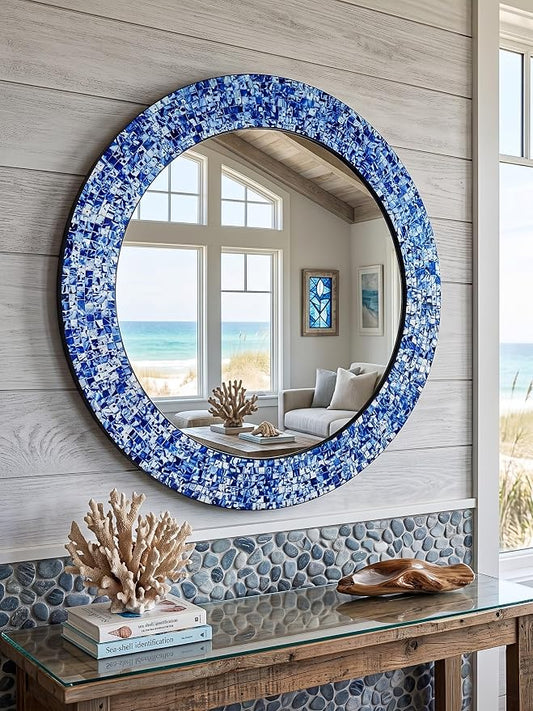 24" Round Mosaic Wall Mirror Sapphire Blue & Silver Glass Tile Frame Handmade Decorative Accent Mirror for Living Room Bathroom Bedroom Entryway Boho Modern Wall Decor