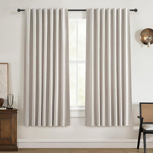 QJmydeco 100% Blackout Curtains 45 Inches Long 2 Panels Set, Short Linen Heat Blocking Drapes 46 Inch Small Window Decor for Kitchen Bedroom Bathroom Thermal Insulated Textured Look Hook Belt