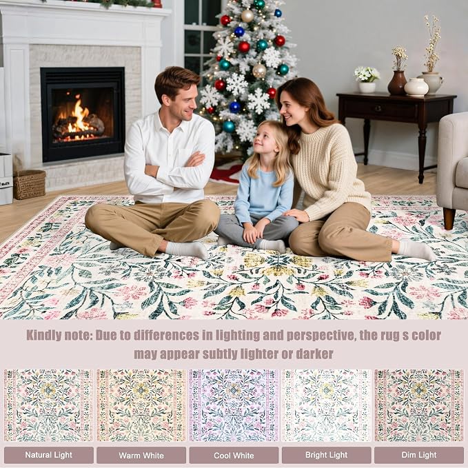 PLHXFR Area Rug Living Room: 5x7 Floral Washable Boho Carpet Pink Green | For Bedroom Dining Room Farmhouse Nursery Hallway,Vintage Floral,Machine washable,Non Slip,Stain Resistant,Large Indoor