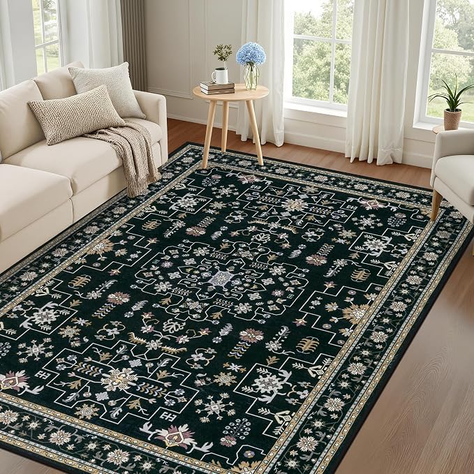4x6 Area Rugs Living Room: Washable Vintage Rug for Bedroom Black | Boho No Slip Stain Resistant Rug Soft Indoor Decor Floor Floral 4x6 Area Rugs for Dining Room, Nursery, Hallway, Home Office