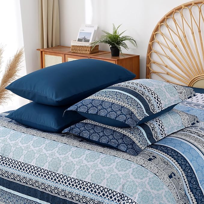 Boho Comforter Set King Size,8 Pieces Navy Blue Bohemian Striped Bed in a Bag,Paisley Soft Microfiber Bedding Comforter Set