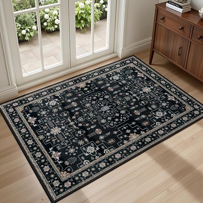 2x3 Area Rugs Living Room: Washable Vintage Rug for Bedroom Black | Boho No Slip Stain Resistant Rug Soft Indoor Decor Floor Floral 2x3 Area Rugs for Dining Room, Nursery, Hallway, Home Office