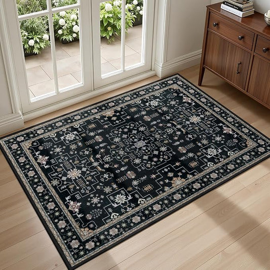 2x3 Area Rugs Living Room: Washable Vintage Rug for Bedroom Black | Boho No Slip Stain Resistant Rug Soft Indoor Decor Floor Floral 2x3 Area Rugs for Dining Room, Nursery, Hallway, Home Office