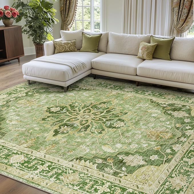 RELEANY Washable Area Rug, 8'x10', Green/Yellow | Non-Slip, Water Repellent, Pet Friendly, Easy to Clean, Vintage Floral Boho Decor for Living Room Bedroom Dining Room
