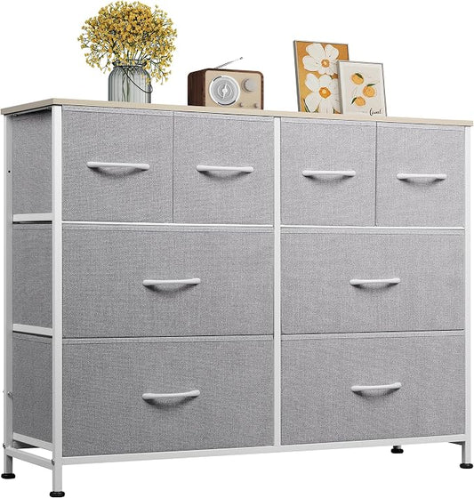 WLIVE Wide Dresser for Bedroom, 8 Drawer Chest of Drawers, Light Grey | 8 roomy fabric drawers, Wide storage design, Bedroom or closet use, Sturdy steel frame, Smooth wood tabletop