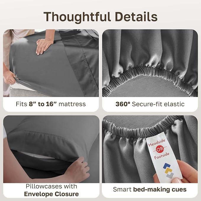 California Design Den Soft 100% Cotton Sateen King Sheets, 6 Pcs Set, Grey | 6 Pcs with 4 Pillowcases, 400 Thread Count Backed by Good Housekeeping Seal, 16" Deep Pocket, All-Around Elastic, Durable