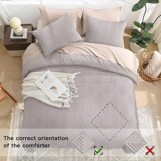 Litanika Queen Size Comforter Set, 3 Pieces Tufted Boho Bedding Set | Milk Coffee Farmhouse Shabby Chic Vintage Bohemian Textured Aesthetic Soft Fluffy Lightweight Breathable All Season Bed Set