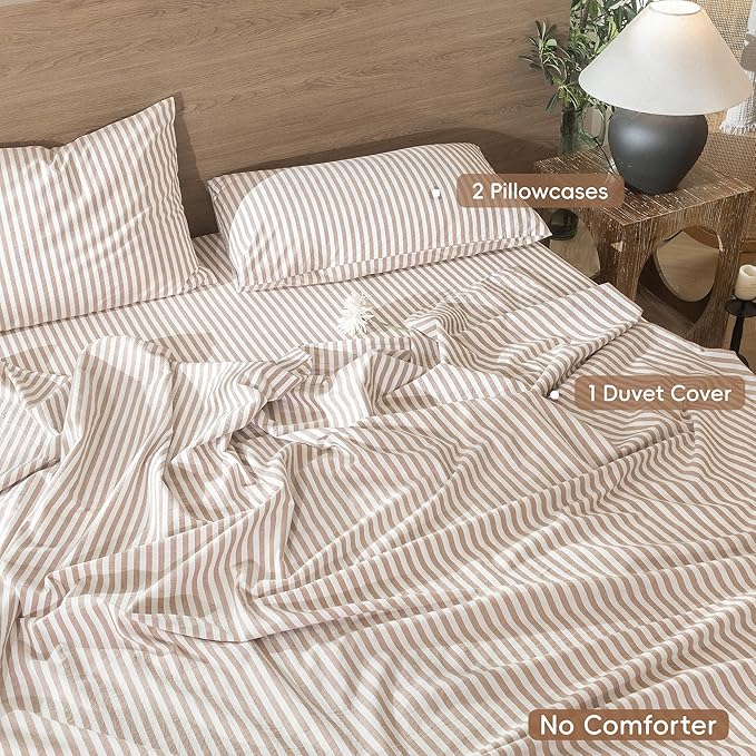 MooMee Striped Duvet Cover Set 100% Washed Cotton Linen Like Super Queen | Relaxed Linen-like Texture. Soft, Breathable & Long-lasting Comfort. Lightweight. Hidden Zipper with 8 Interior Corner Ties