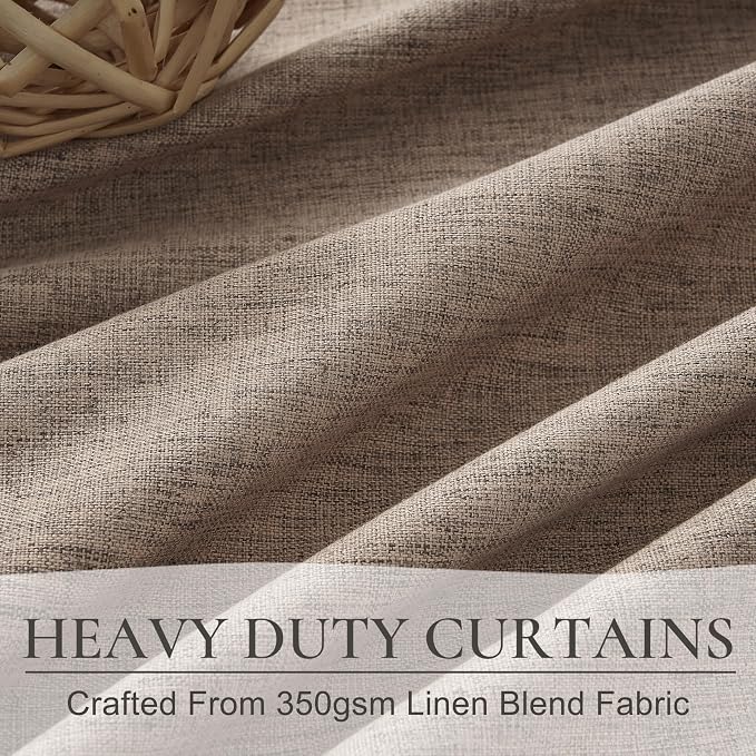 Dark Flax 100% Blackout Linen 60 Inch Extra Wide Bedoom Large Curtain 84 Inches Long 2 Panels Set, Pleated 7FT Heavy Winter Country Bedroom Curtains Boho Drapes Hook Belt Thermal Insulated 60"Wx84"L