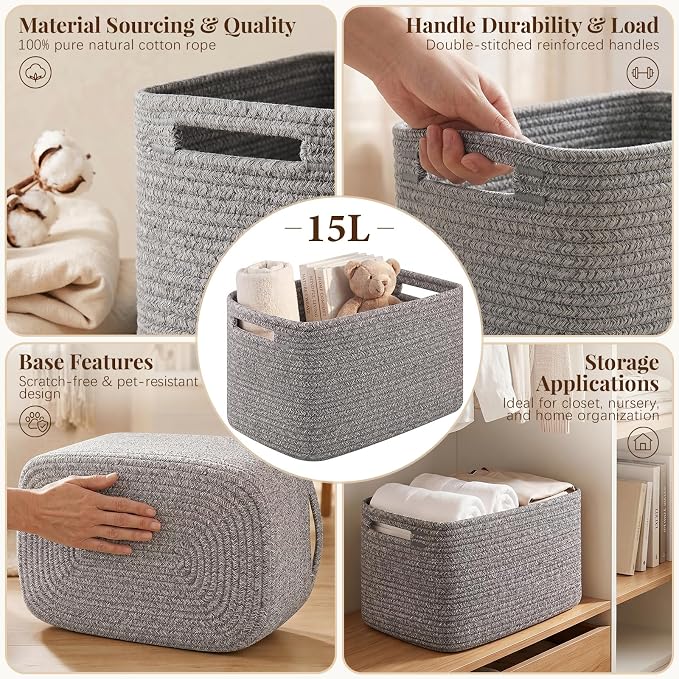 OIASKET 4Packs Natural Cotton Rope Storage Baskets for Organizing Toys, Clothes, Towels & Books, Soft Versatile Organizers for Shelves, Home Decorative Bins, 13''Lx9''Wx7.8''H, Grey