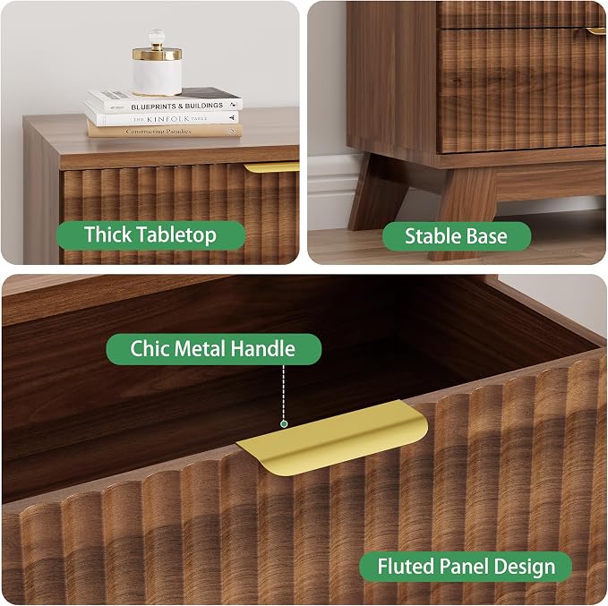 Xixini Fluted Dresser for Bedroom with 3 Drawers, 24" Wide Modern Chest of Drawers with Metal Handle, Wooden Dresser TV Stand, Wood Closet Clothes Storage Organizer for Living Room, Hallway, Walnut