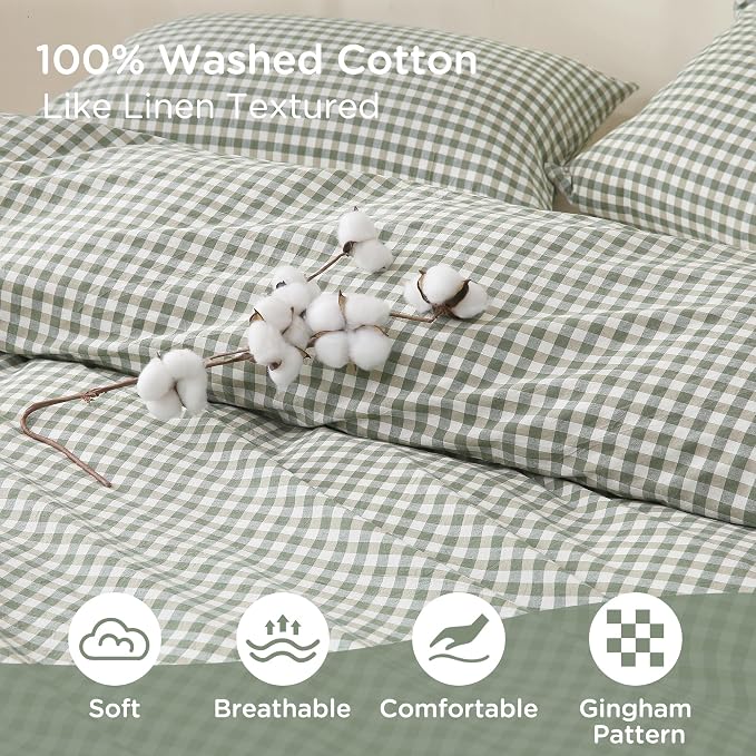 TOCOMOA Green Gingham Duvet Cover Set Washed Cotton Like Linen, Full | 100% Washed Cotton Linen-Like Feel Soft, Breathable & Comfy. Lightweight Bedding Set with Zipper & 8 Ties. 3 Pcs, No Insert