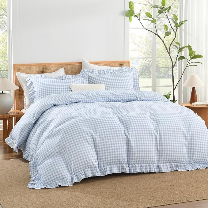 Andency Blue Gingham Duvet Cover Queen, Ruffle Shabby Bedding Set 3 Pcs | Farmhouse Soft Pre-Washed Polyester Comforter Cover with Zipper Closure & Corner Ties, 90x90Inch