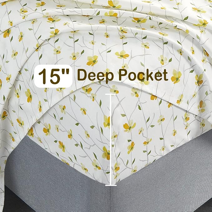 Softan Yellow Floral Twin Size Sheet Set, 3-Piece Microfiber Fitted Bed Sheet with 15" Deep Pockets & Non-Slip Straps, Kids Girls Flower Patterned Bed Sheet & Pillowcase Set