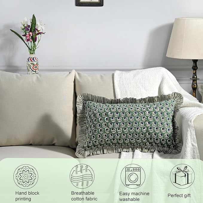 Ridhi Block Print Basil Green Ruffle Lumbar Pillow Shams, 20" x 12" | 100% cotton, Floral Pillowcase, Cushion Cover, Hidden Zipper, Cottagecore Bedding, farmhouse boho style, fits couch, sofa,Bed