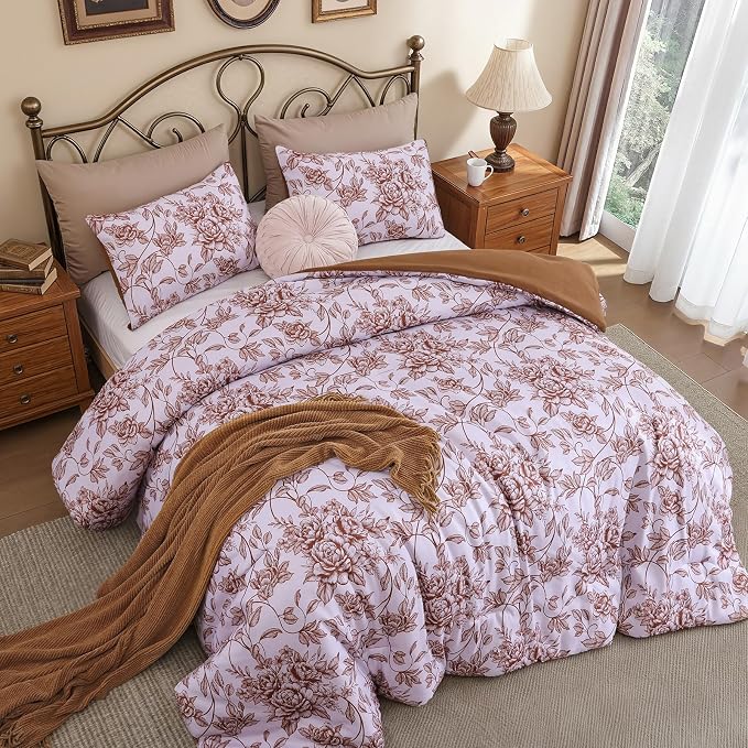 JANZAA Queen Size Comforter Set - Terracotta Floral Shabby Chic Bedding | 3 Piece Cute Floral Bedding for All Season, 1 Soft Fluffy Breathable Microfiber Comforter Set with 2 Pillowcases