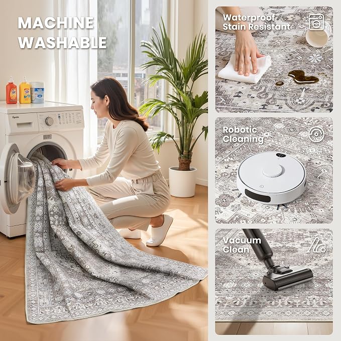 10x14 Area Rugs for Living Room,Large Washable Rug,Brown | Rugs for Bedroom,Dining Room,Office,Low Pile,Soft, Vintage Rug,Stain Resistant Indoor Carpet,Non Slip,Home Decor