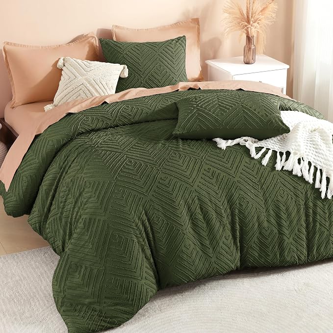 Litanika Super King Size Comforter Set, 3 Pcs Tufted Boho Bedding Set | Olive Green Farmhouse Shabby Chic Vintage Bohemian Textured Aesthetic Soft Fluffy Lightweight Breathable All Season Bed Set