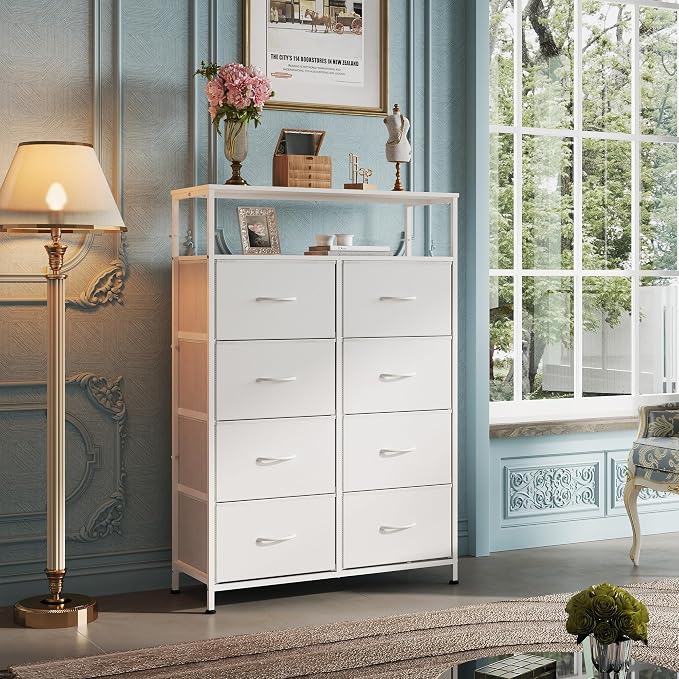 WLIVE 8 Drawer White Fabric Dresser Open Shelves,Tall Storage Tower | White 8-drawer fabric dresser with open shelves, great baby dresser for nursery kids bedroom closet toddler storage