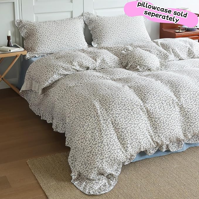 Blue Floral Print Duvet Cover Full Bed Comforter Cover 79"x90", Cotton Muslin Quilt Cover with Ruffles Chic Princess Bedding Duvet Cover with Zipper, No Pillow Cases/Filling