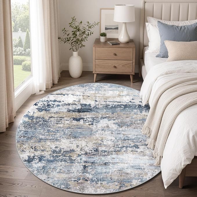 pmtsns Round Rug 4ft for Bedroom: Washable Circle Rug Modern Abstract Neutral Soft Non-Slip Low-Pile Entryway Carpet for Living Room Dining Room Nursery Home Office (Blue Grey Brown, 4' Round)
