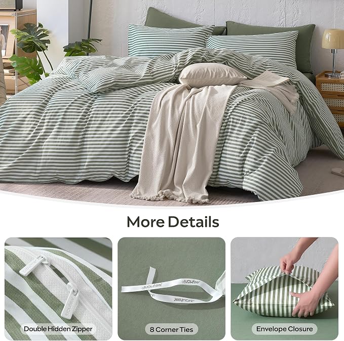 JELLYMONI 100% Cotton Printed Striped TwinXL Duvet Cover Set, Green | Breathable and Soft, Classic Stripes, 8 Corner Ties & Double-Head Hidden Zipper, For Kids or College Dorm