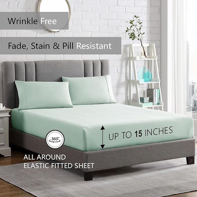 American Home Collection Twin Sheet Set - Ultra-Soft Microfiber 15-Inch Deep Pocket - Wrinkle Free and Fade Resistant (Mint Green)