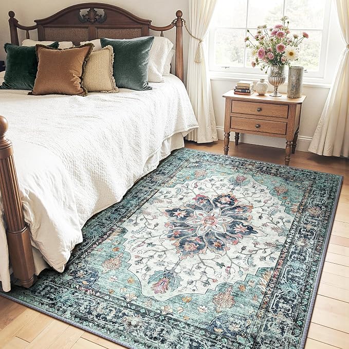RELEANY Washable Area Rug, 5'x7', Teal Green/White/Navy | Non-Slip, Water Repellent, Pet Friendly, Easy to Clean, Vintage Floral Boho Decor for Living Room Bedroom Dining Room Office