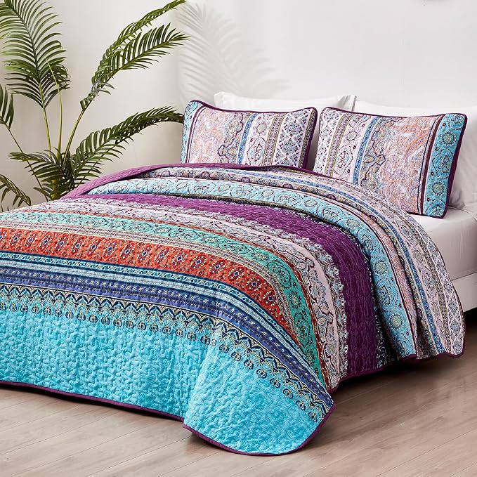WONGS BEDDING Purple Quilt Queen Size, Boho Stripe Bedding Set, 96"x90" | Lightweight Soft Bedspread Coverlet,Modern Style Bohemian Pattern Bed Cover for All Seasons,3 Piece(1 Quilt,2 Pillow Shams)